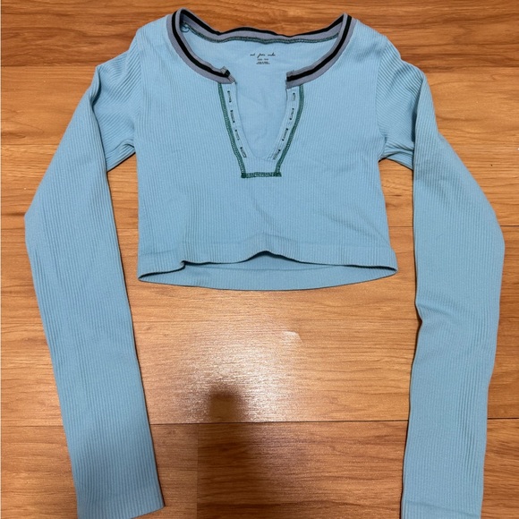 Urban Outfitters Tops - Urban Outfitters Sky Blue Ribbed Long-Sleeve Crop Top with Trim